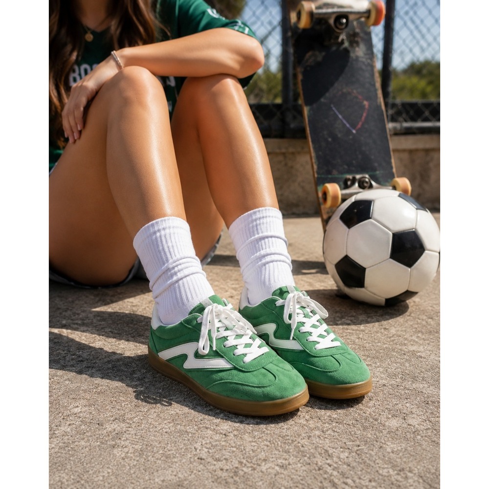 Madden Girl Green Suede Retro Low Top Sneakers Gum Sole White Detail Womens 8.5